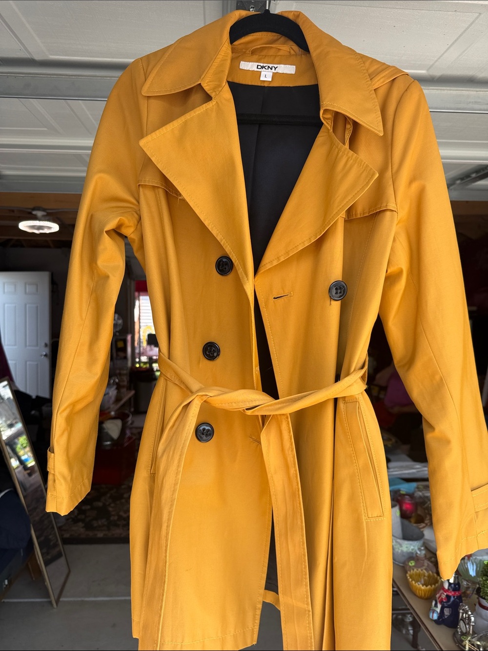 DKNYC Yellow Double-Breasted Trench Coat with Waist Tie